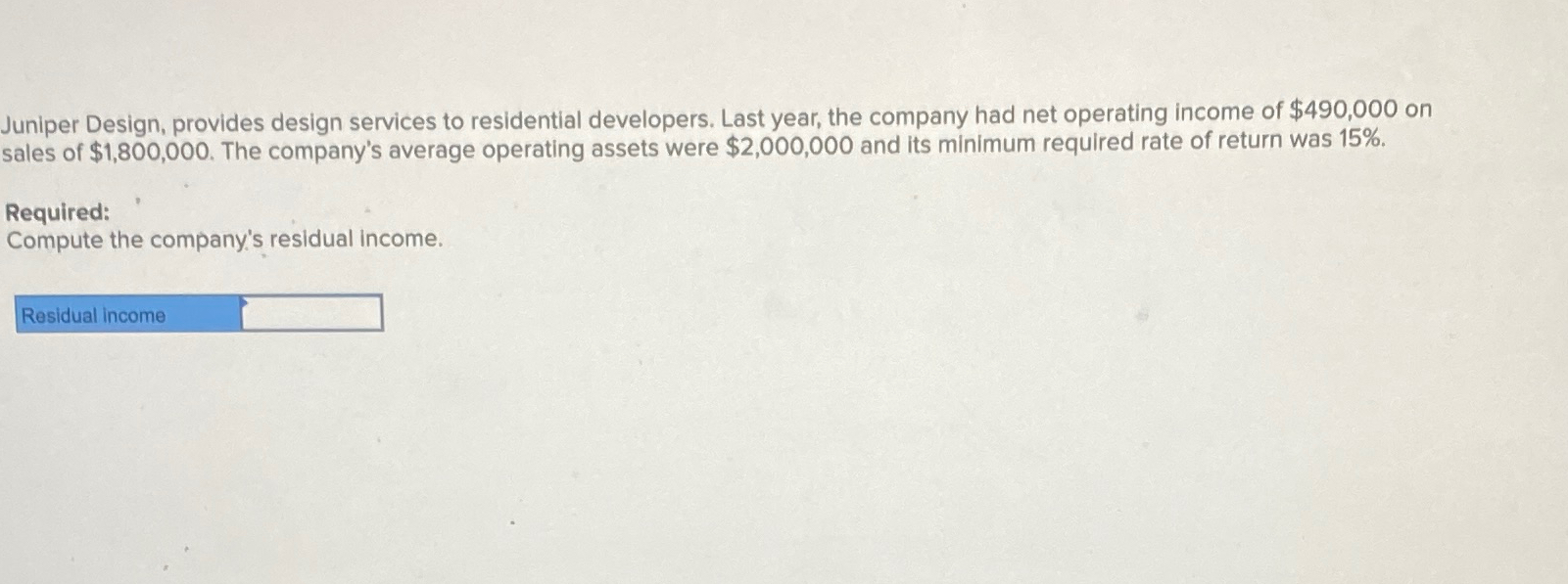  Juniper Design, provides design services to residential developers. Last year, the