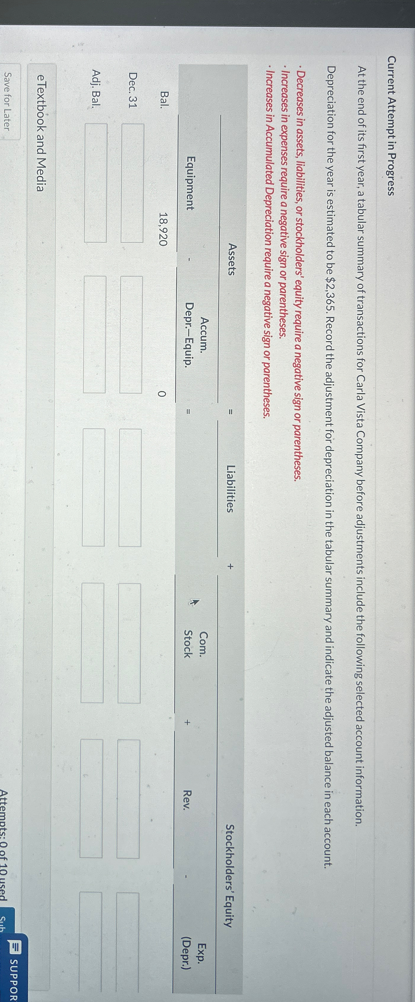 a tabular summary of transactions for Carla Vista Company before adjustments include