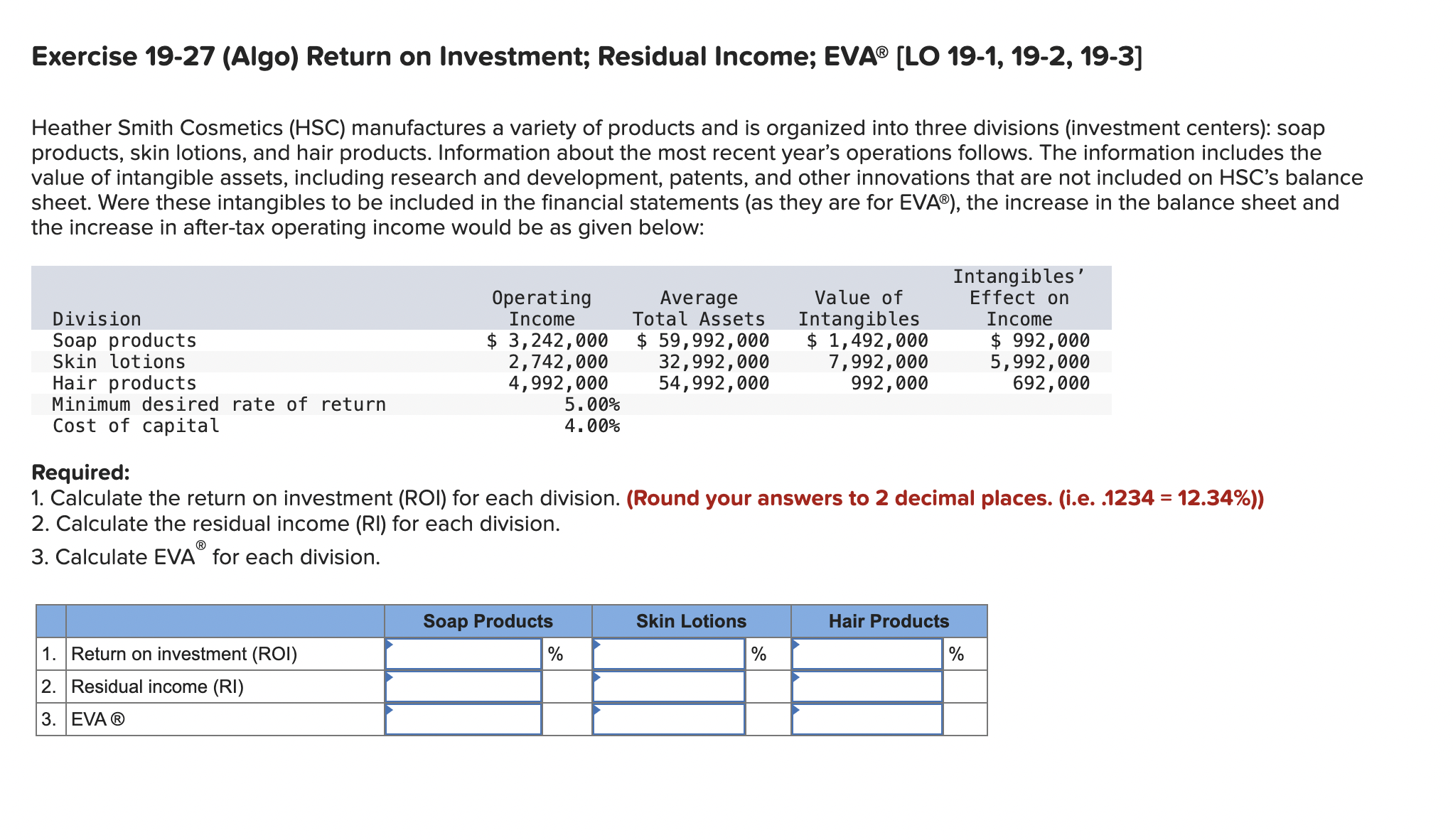  Exercise 19-27(Algo) Return on Investment; Residual Income; EVA LO 19-1,19-2,19-3] Heather