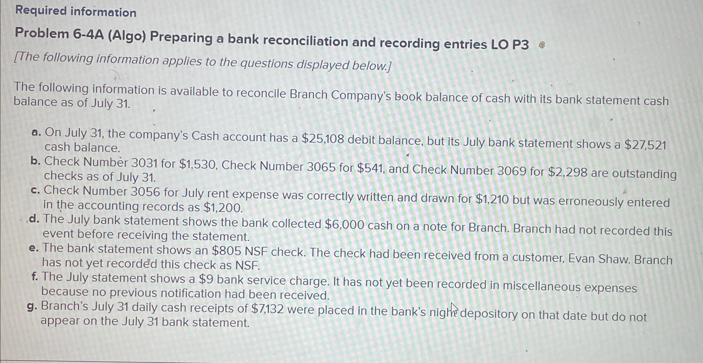 Required information Problem 6-4A (Algo) Preparing a bank reconciliation and recording
