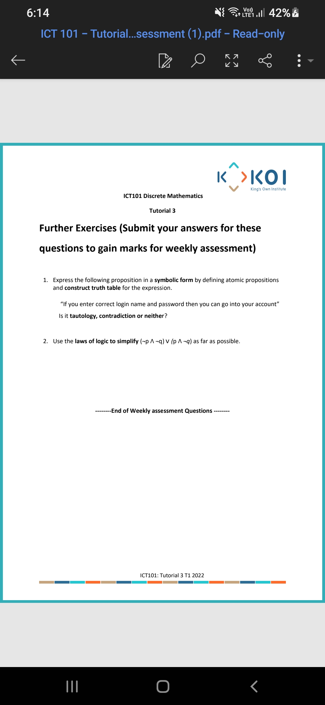 6:14 ICT 101 - Voe)l Tutorial...sessment (1 ).pdf - Read-only V King's