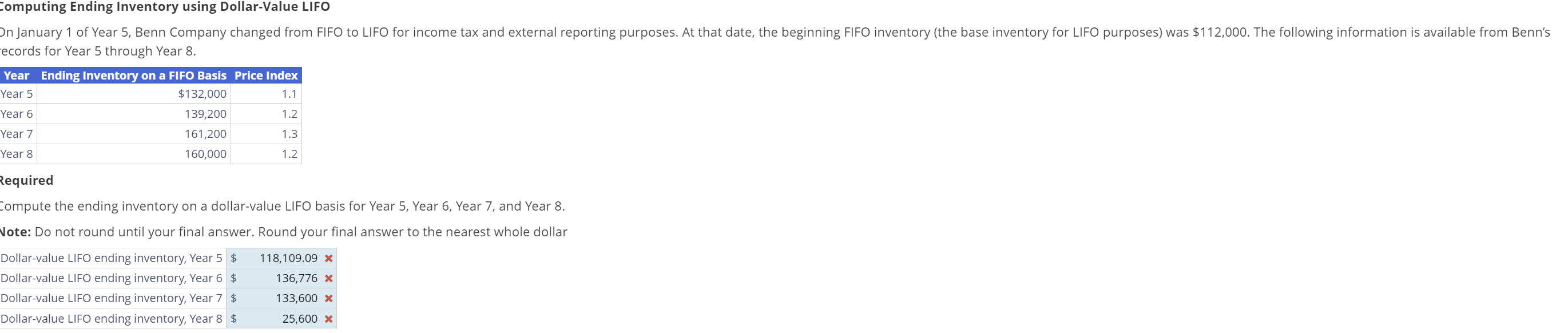 Year 8. Required Eompute the ending inventory on a dollar-value LIFO basis