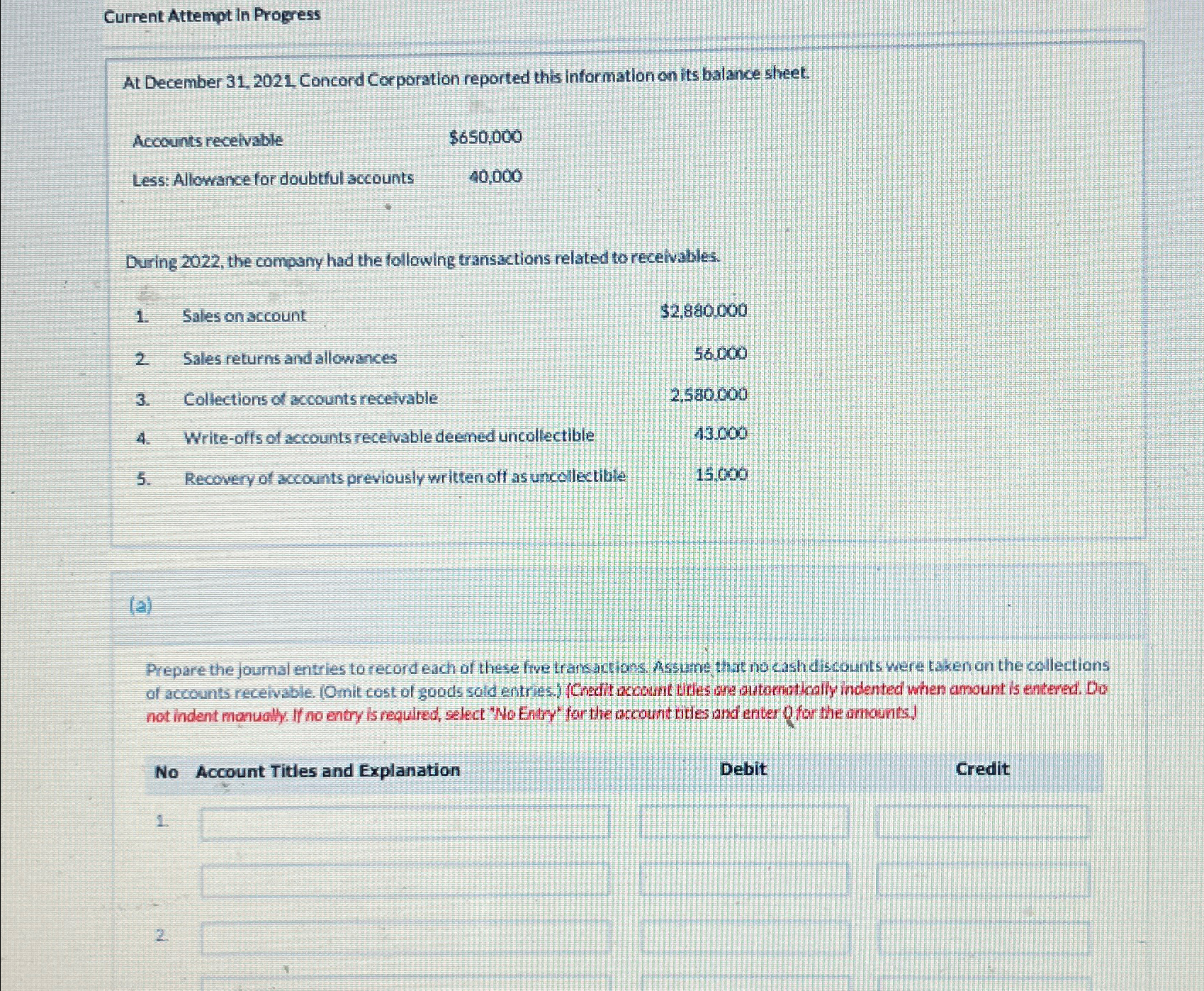  Current Attempt In Progress At December 31,2021. Concord Corporation reported this