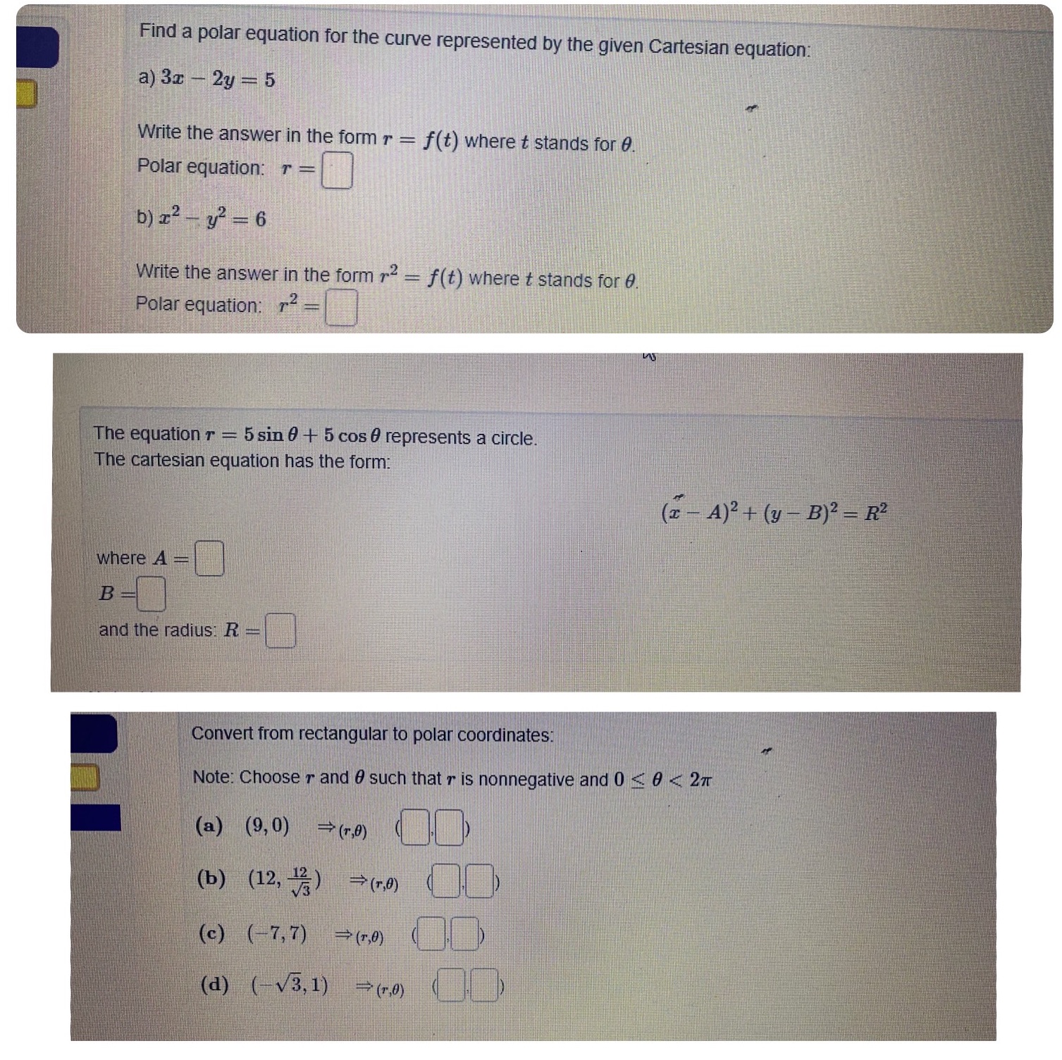 curve represented by the given Cartesian equation: a) 3x - 2y =