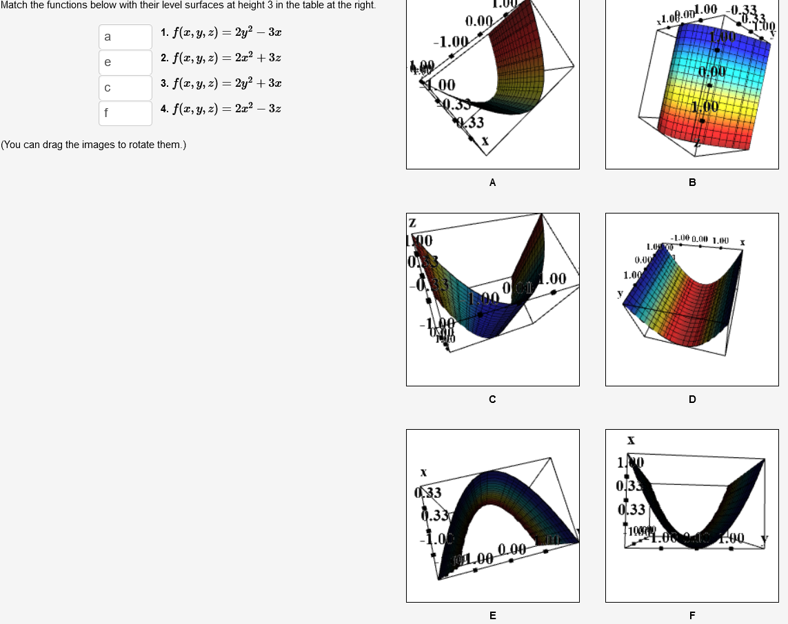  Match the functions below with their level surfaces at height 3