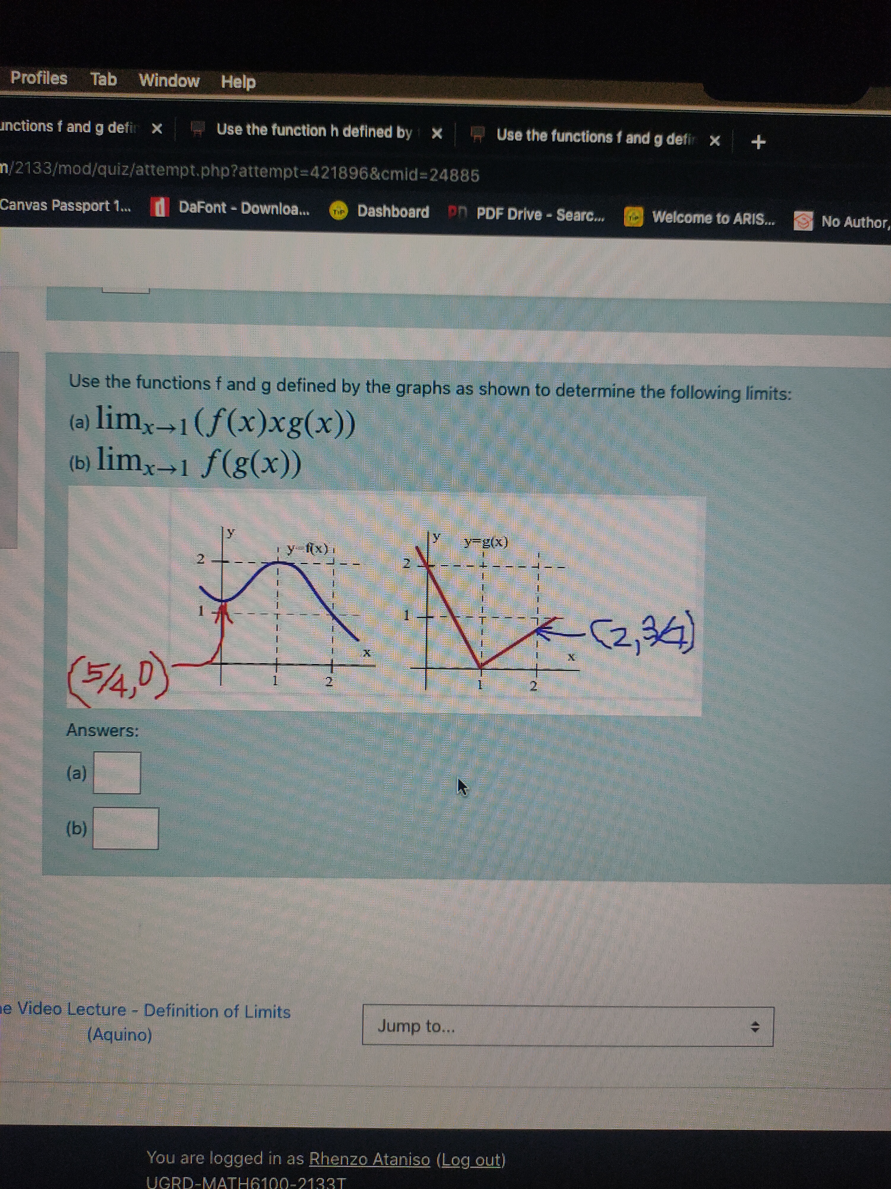 the function h defined by x , Use the functions f and