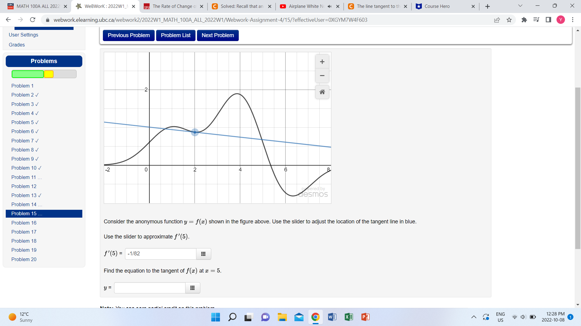 ORG MATH 100A ALL 2022 X WeBWork : 2022W1_1 X SFU