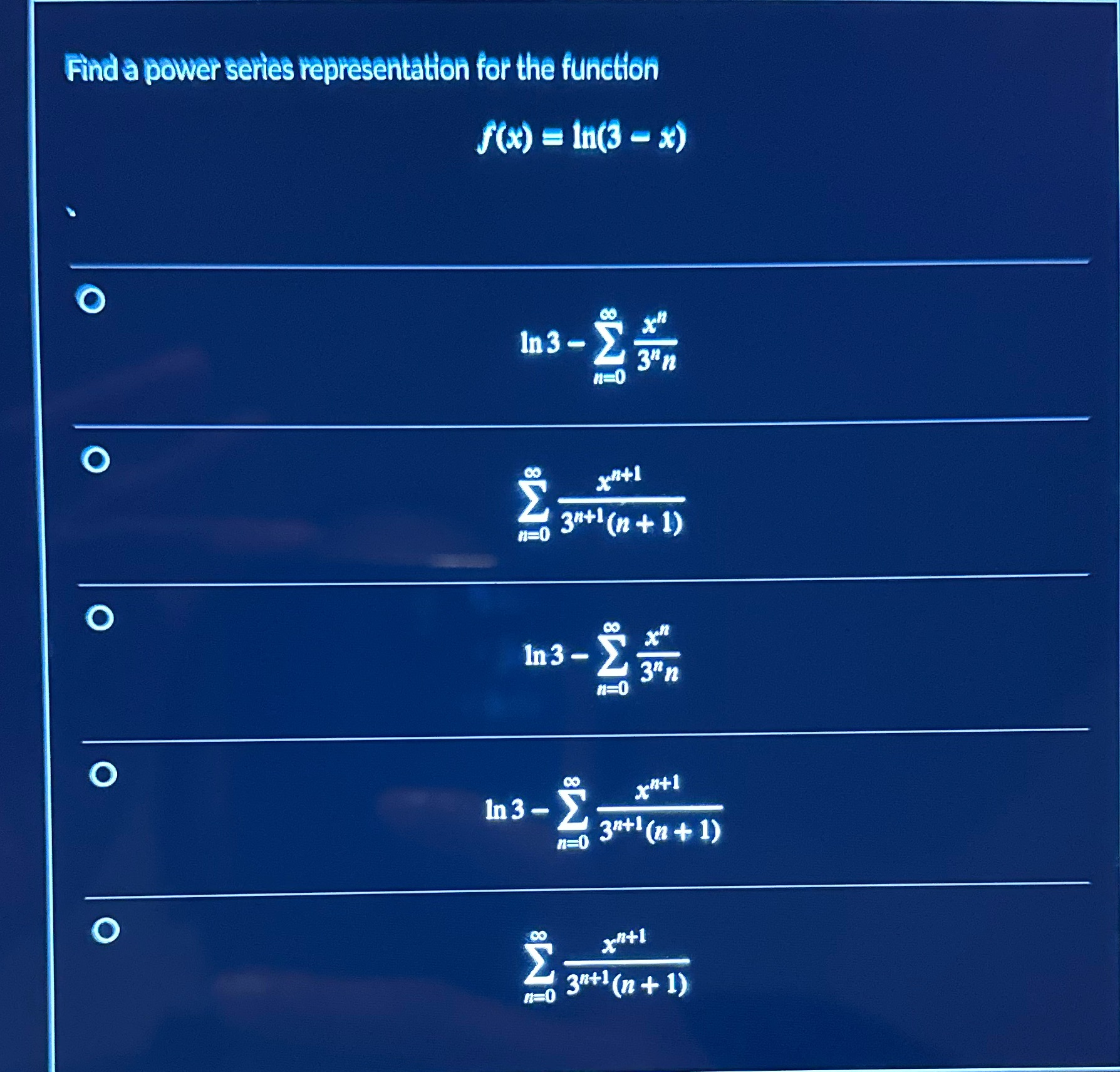  Find a power series representation for the function f(x) = In(3