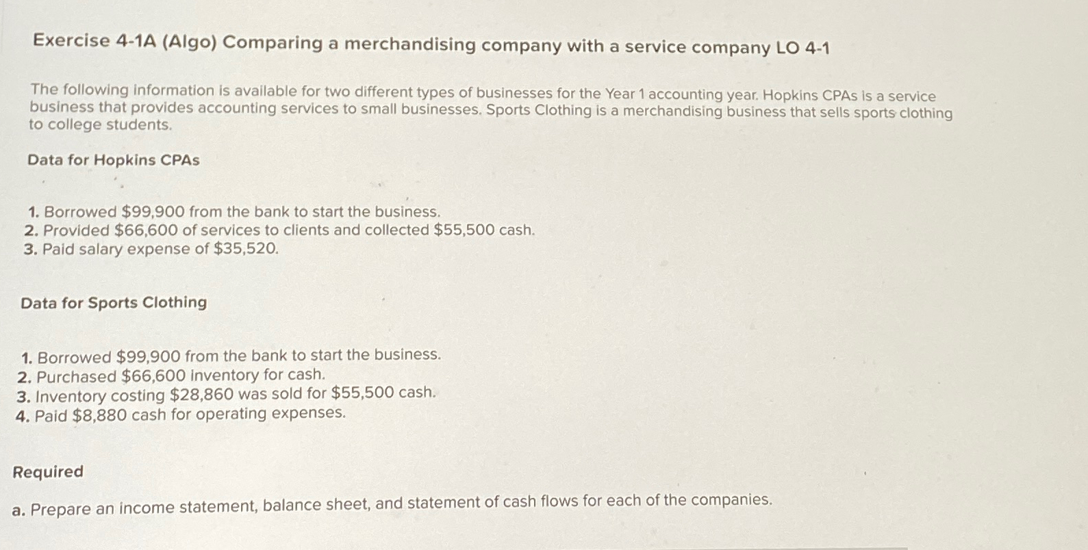  Exercise 4-1A (Algo) Comparing a merchandising company with a service company