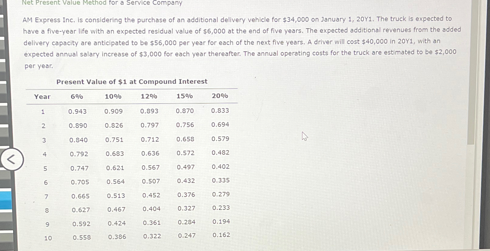 Net Present Value Method for a Service Company AM Express Inc.