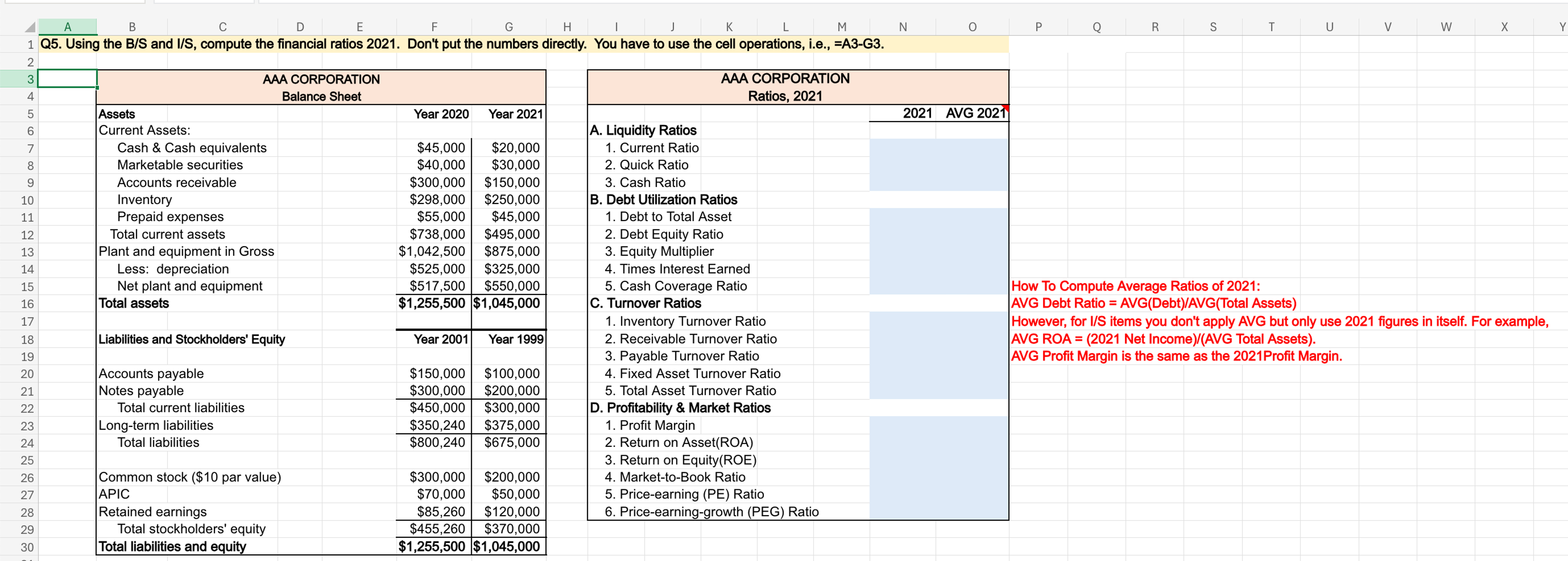  Q5. Using the B/S and I/S, compute the financial ratios 2021.