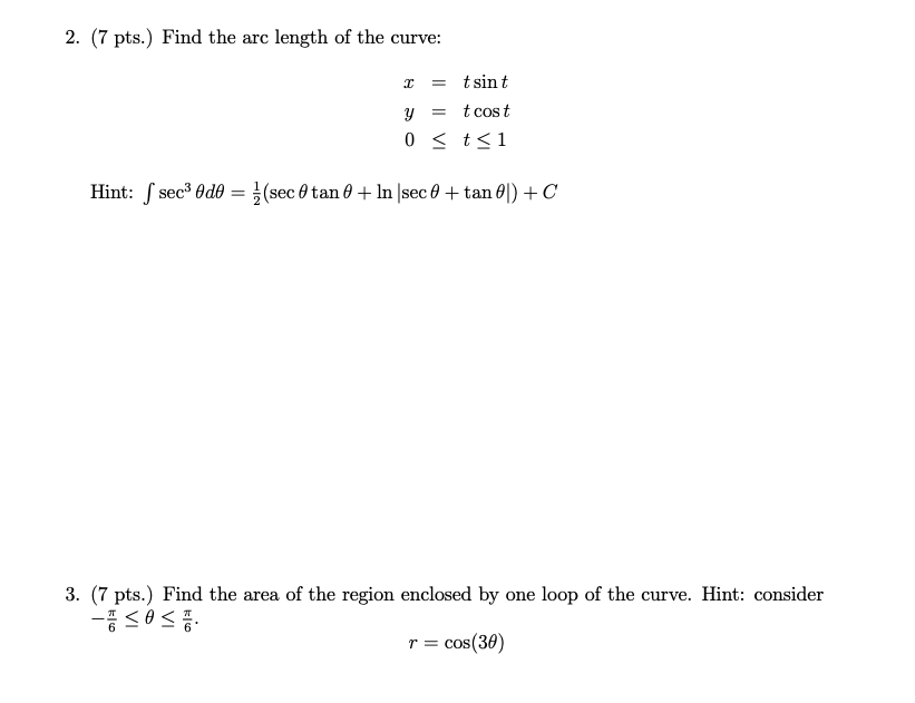 of t is the curve concave up?2. (7 pts.) Find the arc