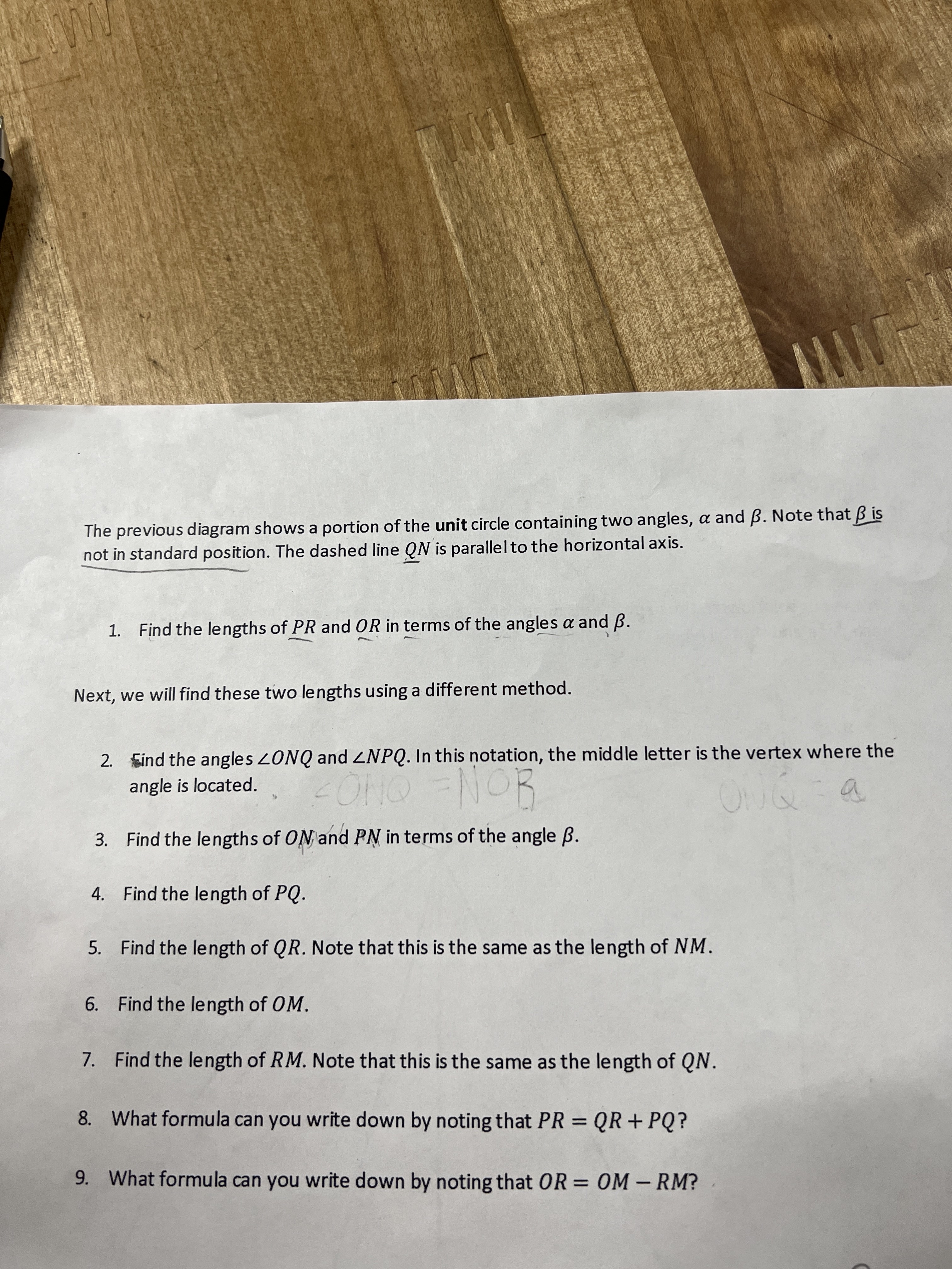 shows a portion of the unit circle containing two angles, a and