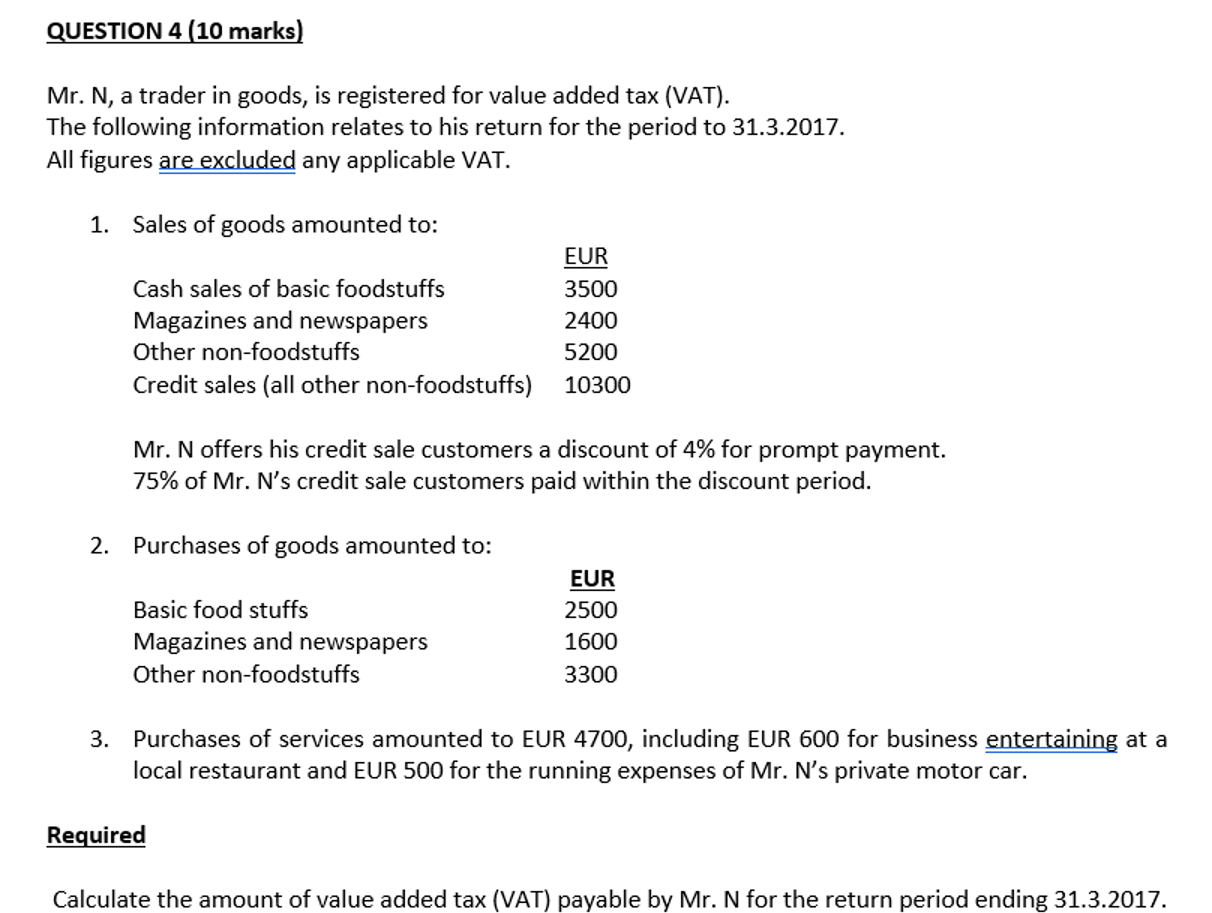 is registered for value added tax (VAT). The following information relates to