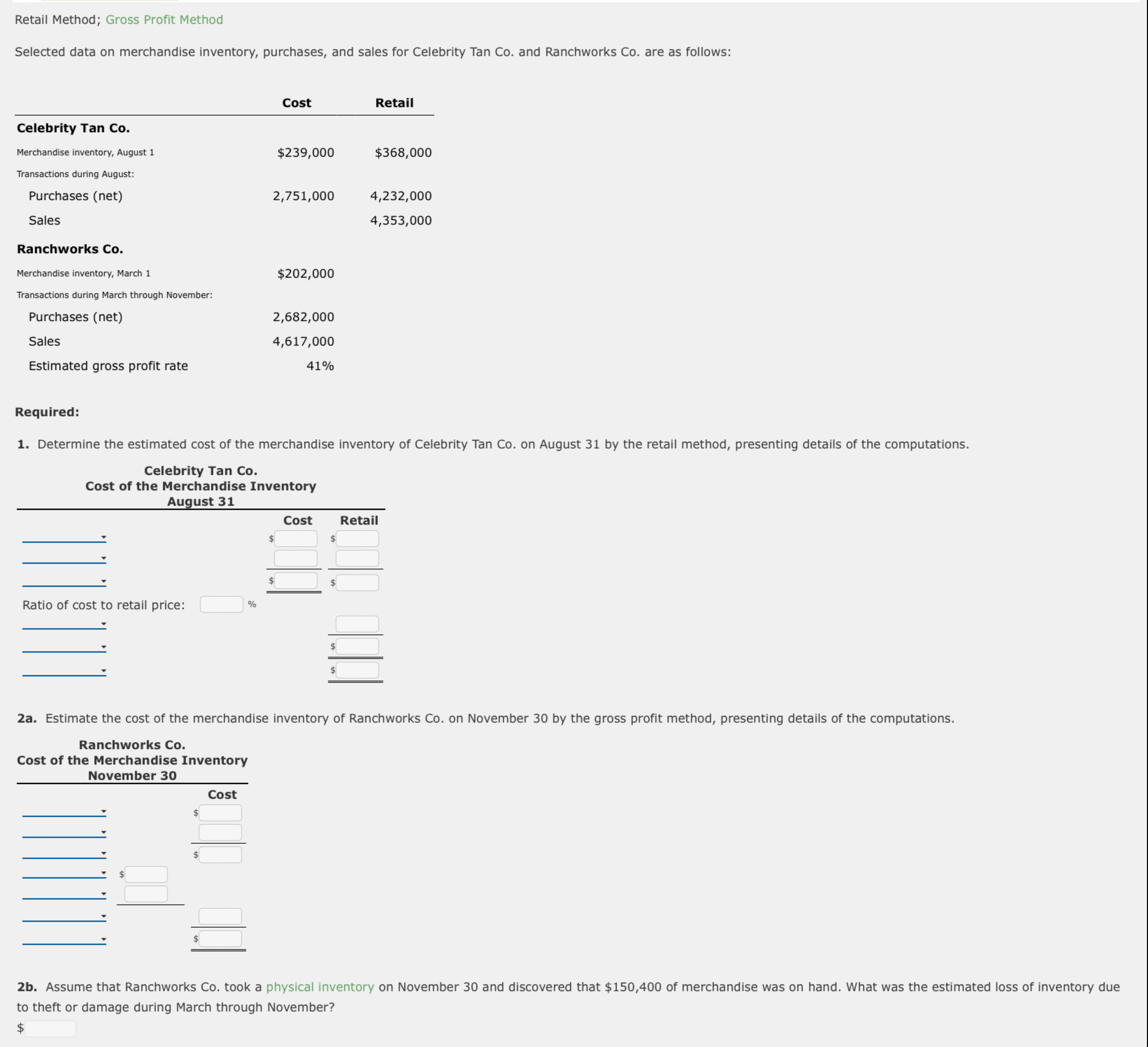  Retail Method; Gross Profit Method Selected data on merchandise inventory, purchases,