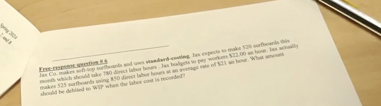 Free-response question $6 Jax Co. makes soft-top surfboards and uses standard-costing.