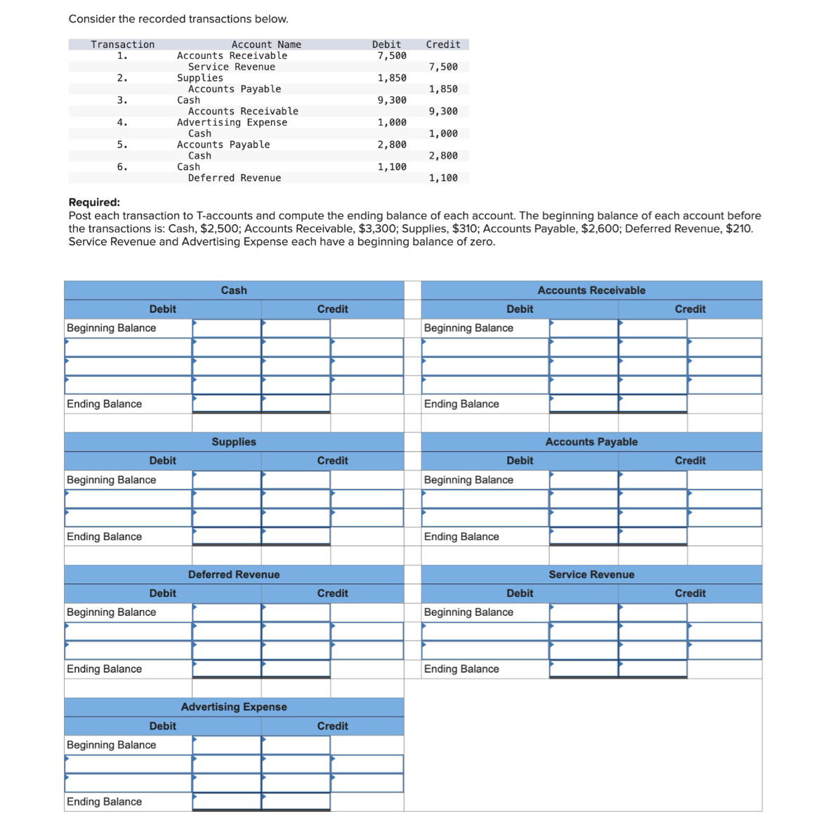  Consider the recorded transactions below. \table[[\table[[Transaction],[1.]],\table[[Account Name],[Accounts Receivable]],\table[[Debit],[7,500]],Credit],[,Service Revenue,,7,500],[2.,Supplies,1,850,],[,Accounts Payable,,1,850],[3.,\table[[Cash],[Accounts Receivahle]],9,300,9.300],[4.,Advertising