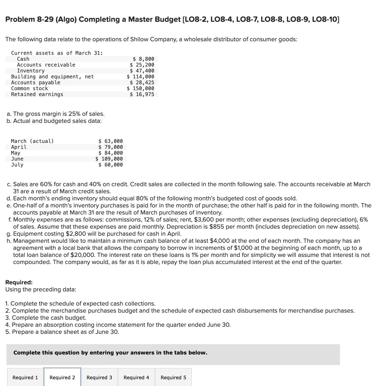 LO8-10] The following data relate to the operations of Shilow Company, a