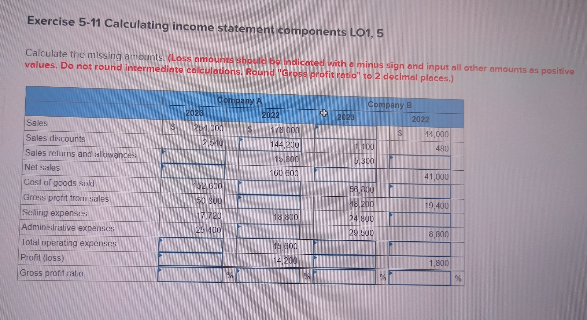  Exercise 5-11 Calculating income statement components LO1,5 Calculate the missing amounts.