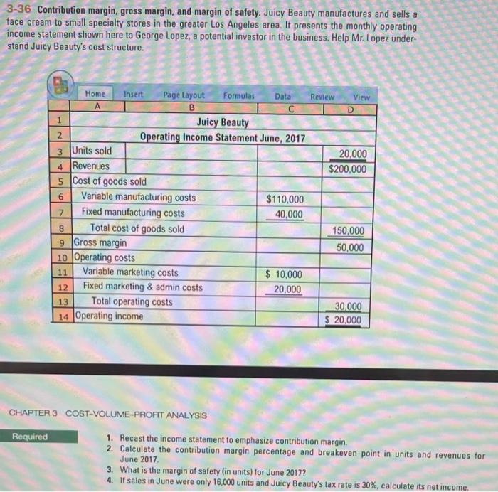  3-36 Contribution margin, gross margin, and margin of safety. Juicy Beauty