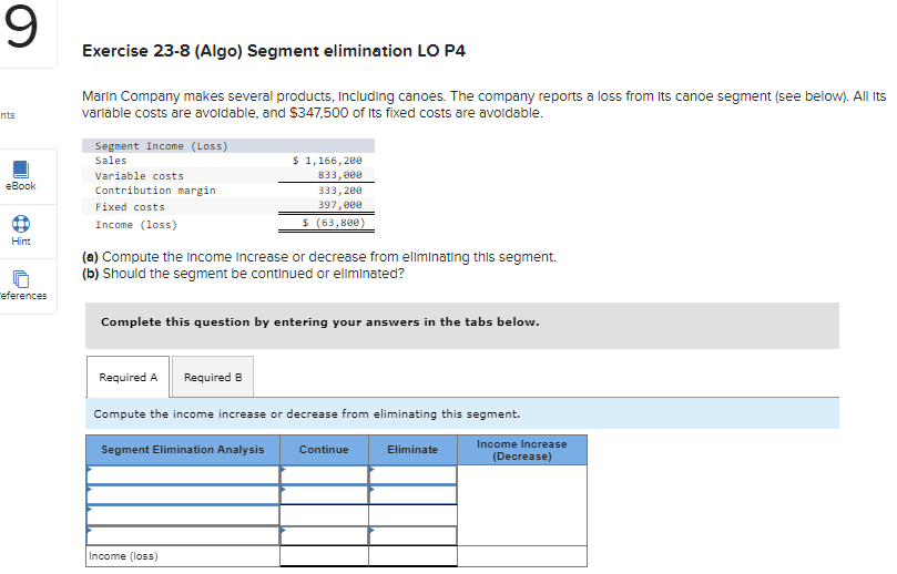  Exercise 23-8(Algo) Segment elimination LO P4 Marin Company makes several products,