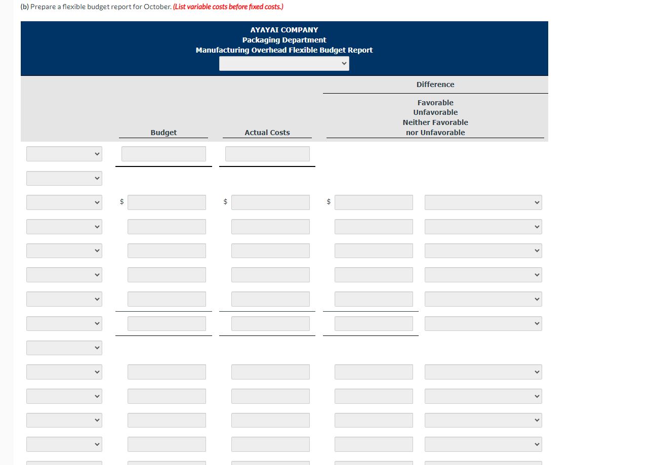 B. (b) Prepare a flexible budget report for October. (List variable costs