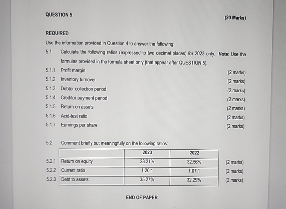  QUESTION 5 (20 Marks) REQUIRED Use the information provided in Question