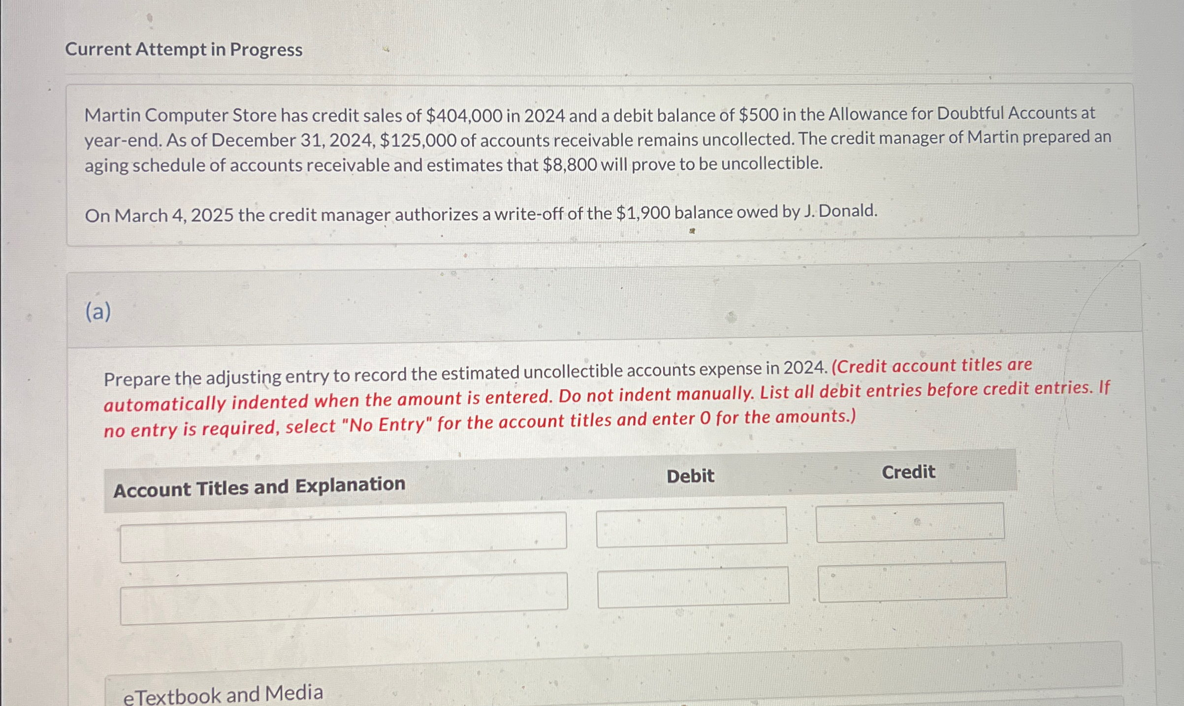$404,000 in 2024 and a debit balance of $500 in the Allowance