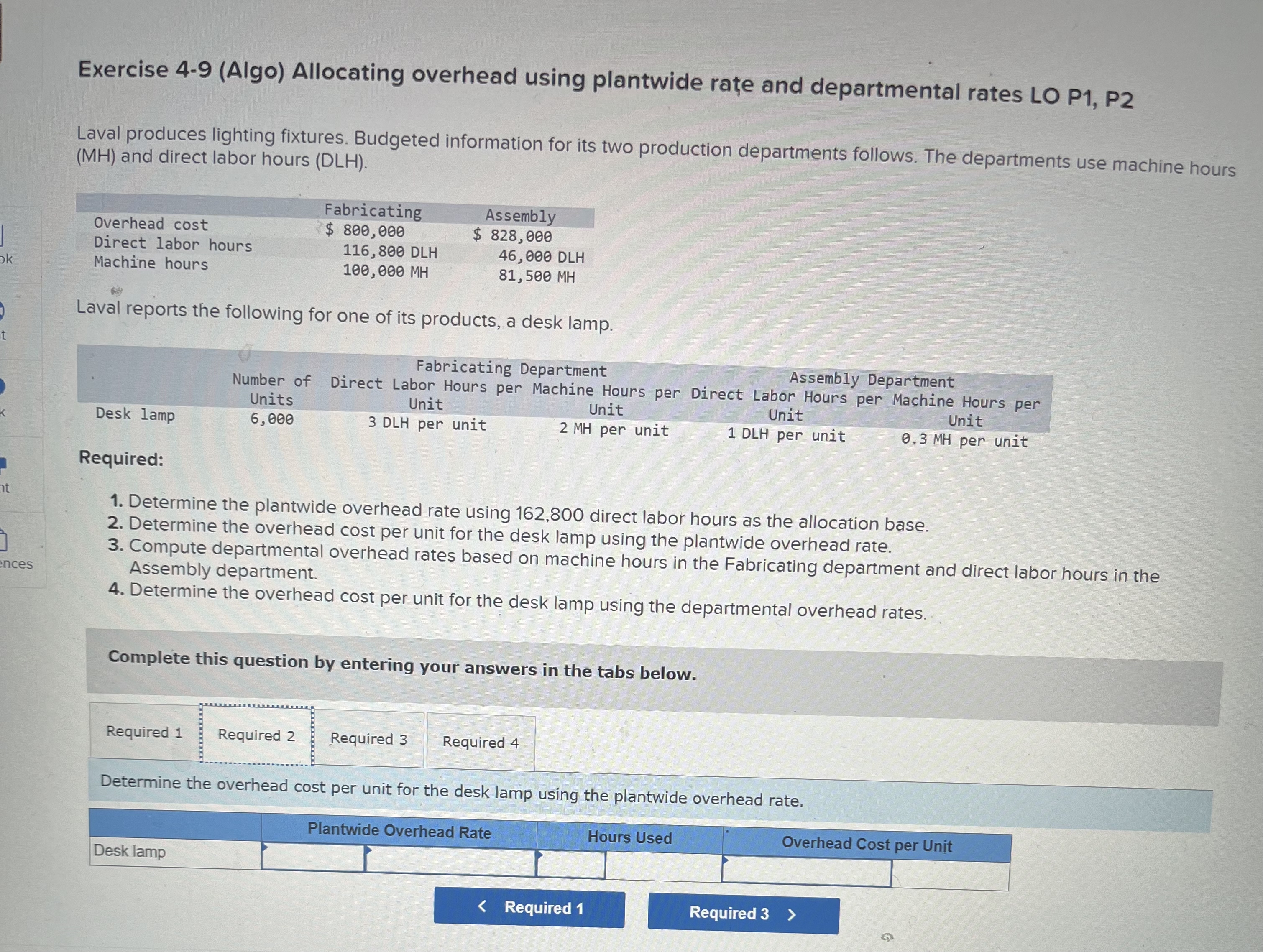 P1, P2 Laval produces lighting fixtures. Budgeted information for its two production