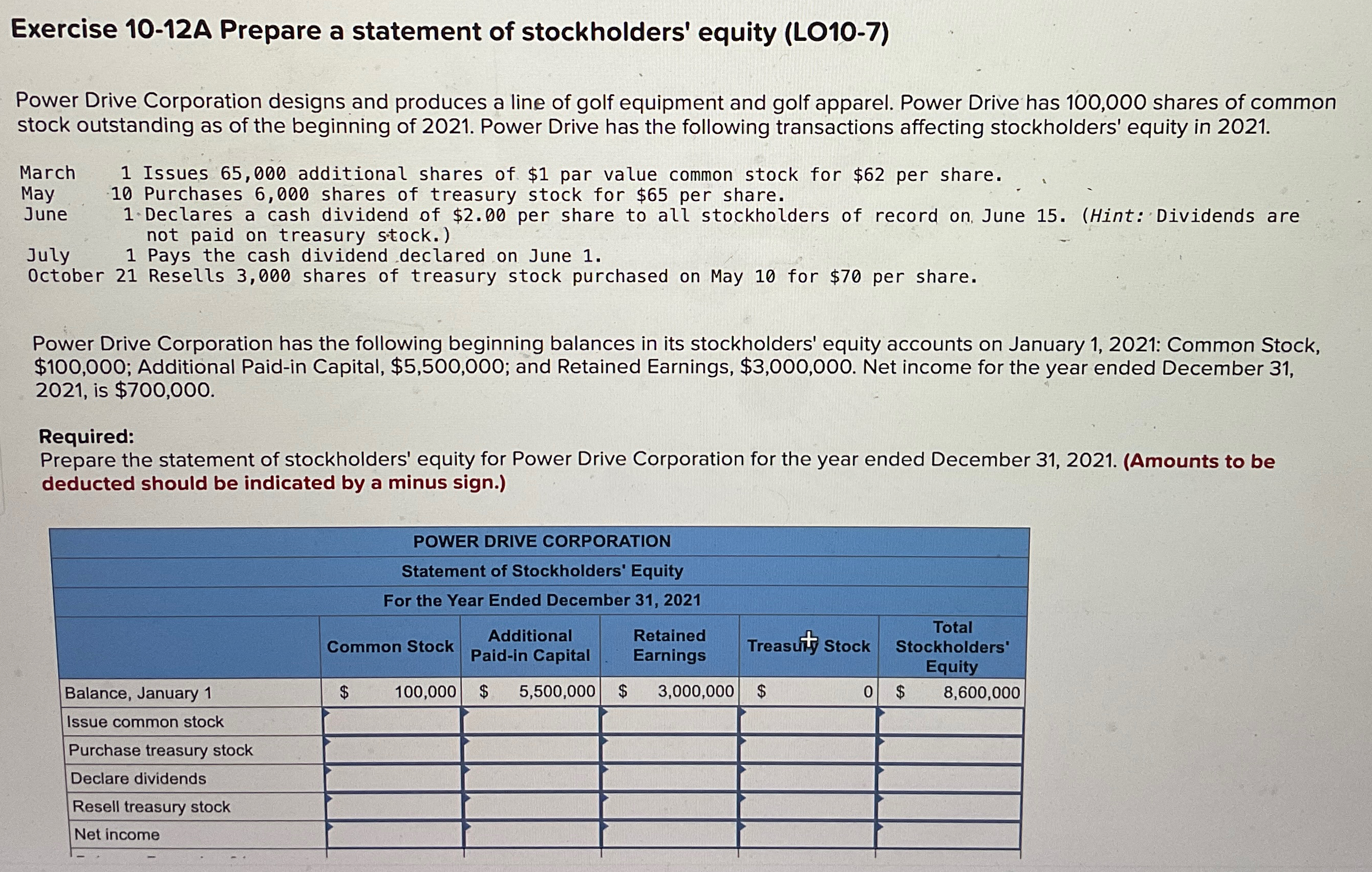  Exercise 10-12A Prepare a statement of stockholders' equity (L010-7) Power Drive