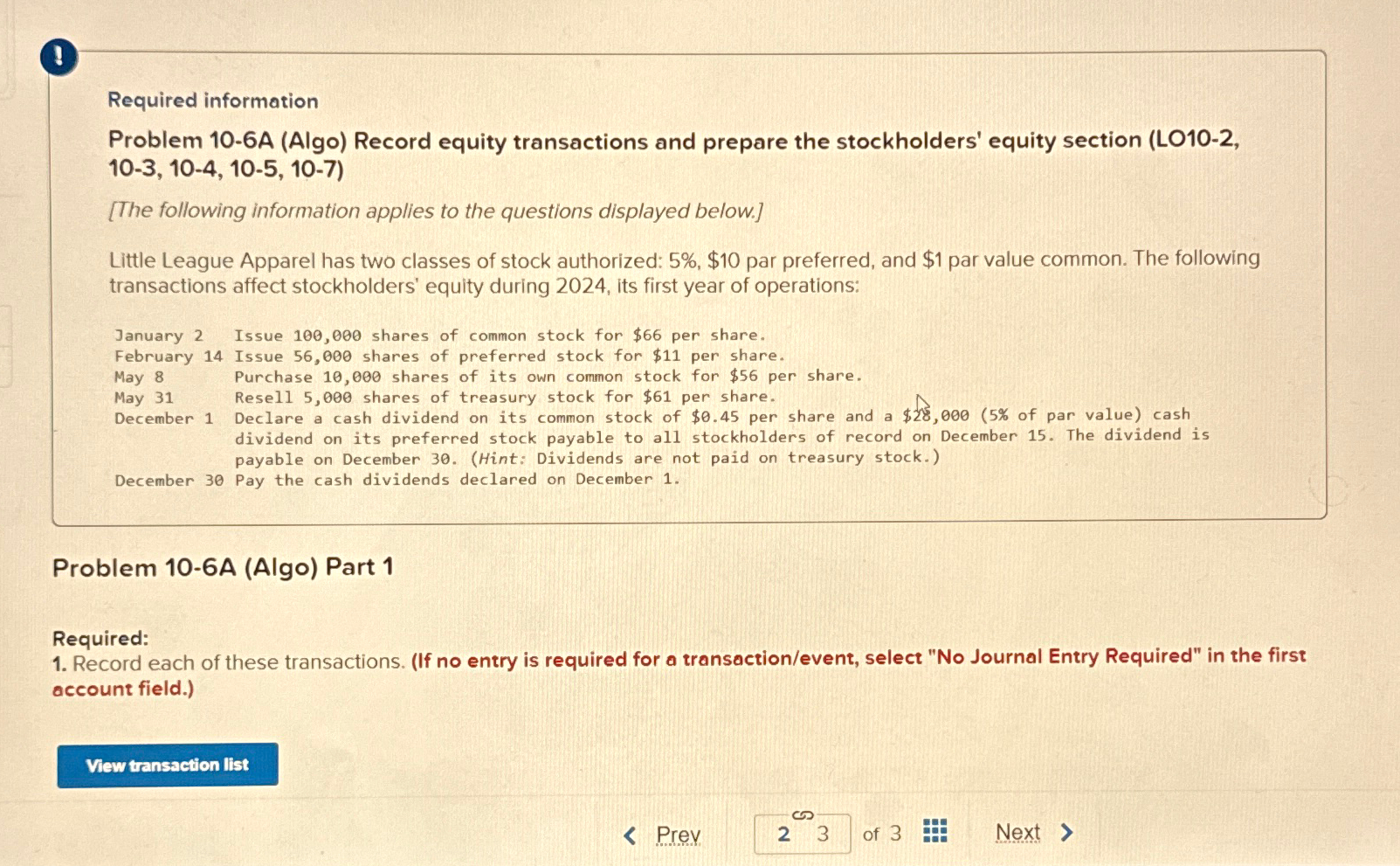 stockholders' equity section (LO10-2,10-3,10-4,10-5,10-7 [The following information applies to the questions displayed