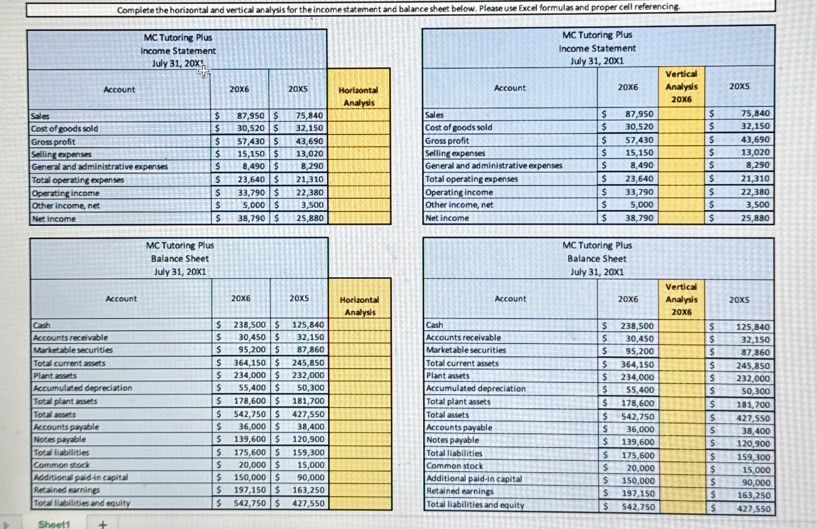 below. Please use Excel formulas and proper cell referencing. Plus 'mome Statement