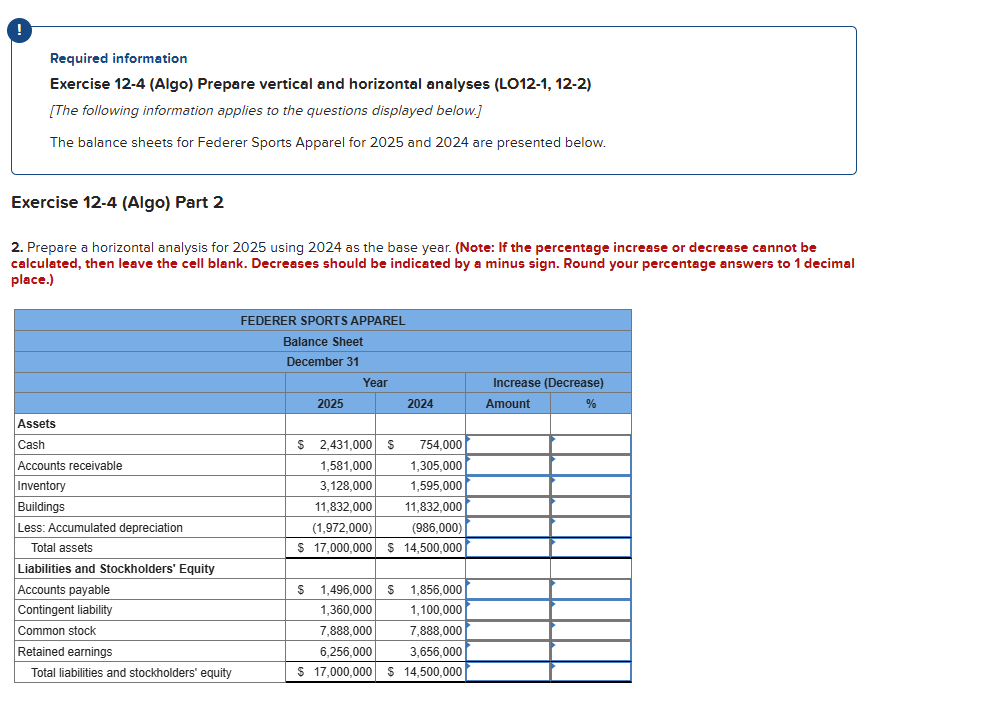  ! Required information Exercise 12-4(Algo) Prepare vertical and horizontal analyses (LO12-1,12-2)