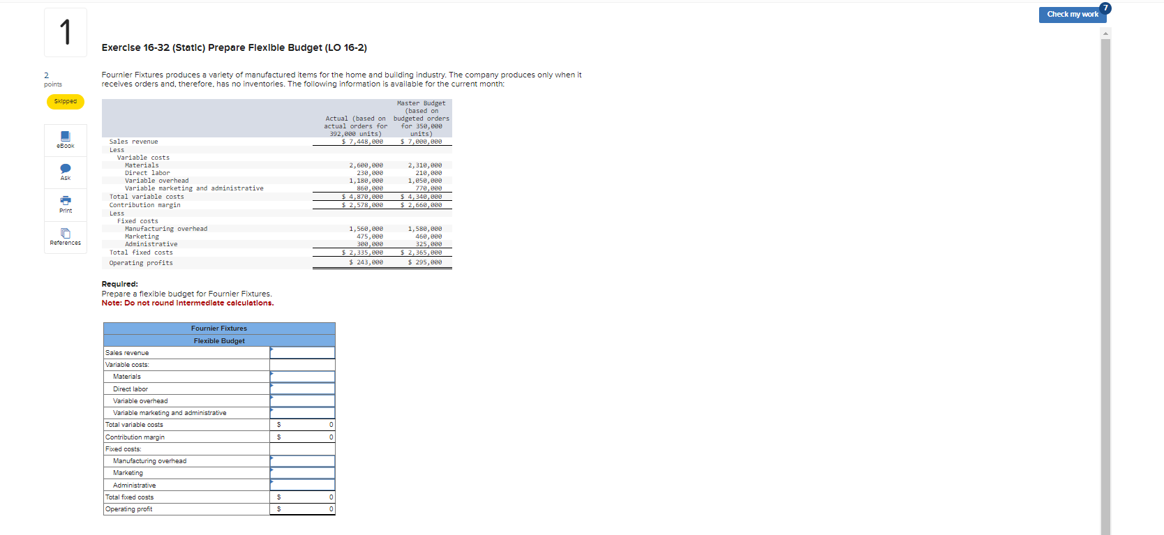 Exerclse 16-32(Statlc) Prepare FlexIble Budget (LO 16-2) Fournier Fixtures produces a