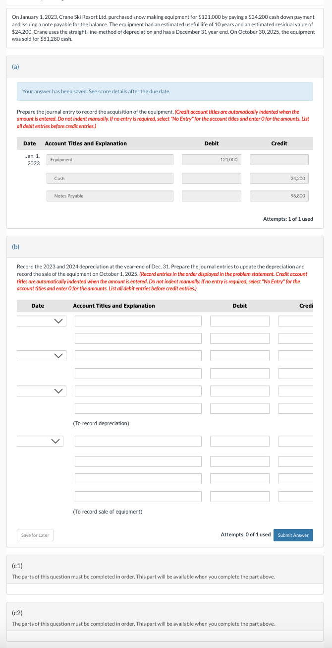 On January 1,2023, Crane Ski Resort Ltd. purchased snow making equipment