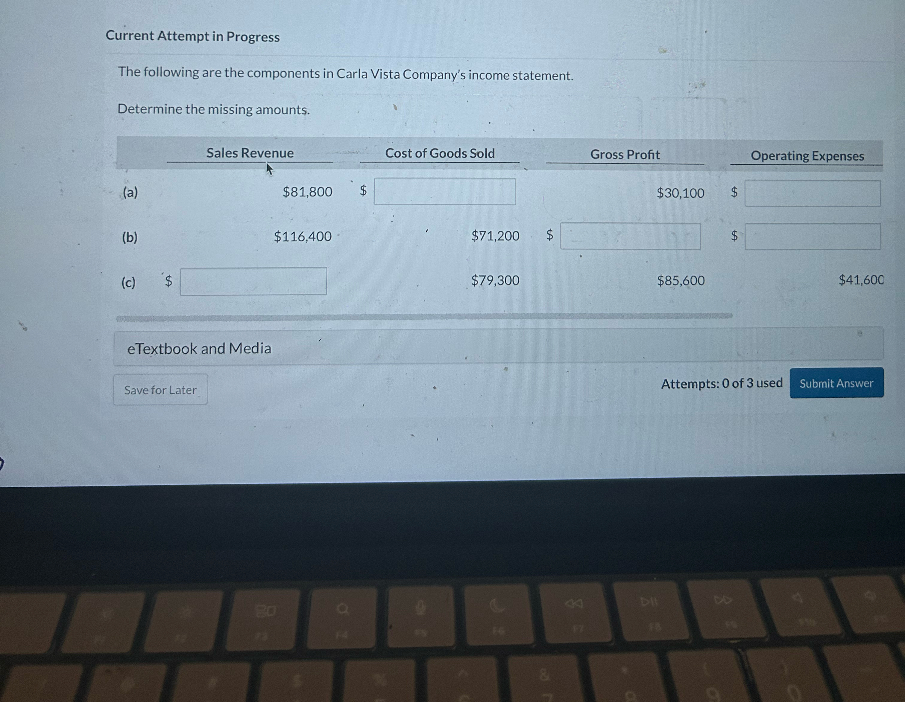 Vista Company's income statement. Determine the missing amounts. Sales Revenue (a) (b)