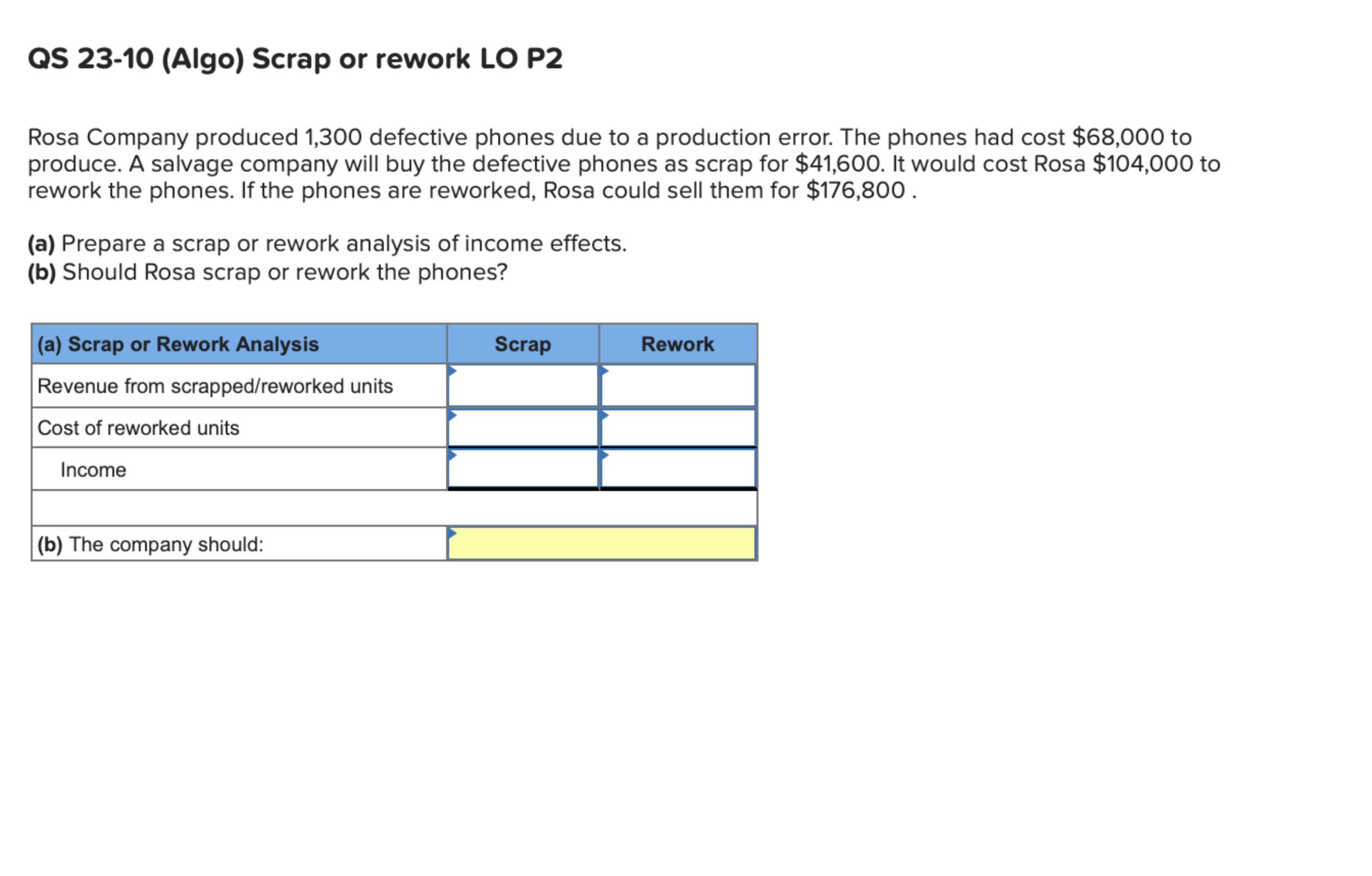 QS 23-10(Algo) Scrap or rework LO P2 Rosa Company produced 1,300