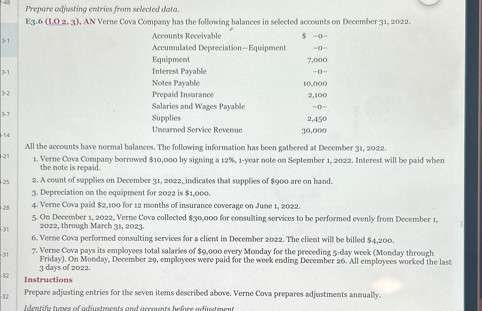  Prepare adjusting entries from selected data. E3.6(LO 2,3), AN Verne Cova