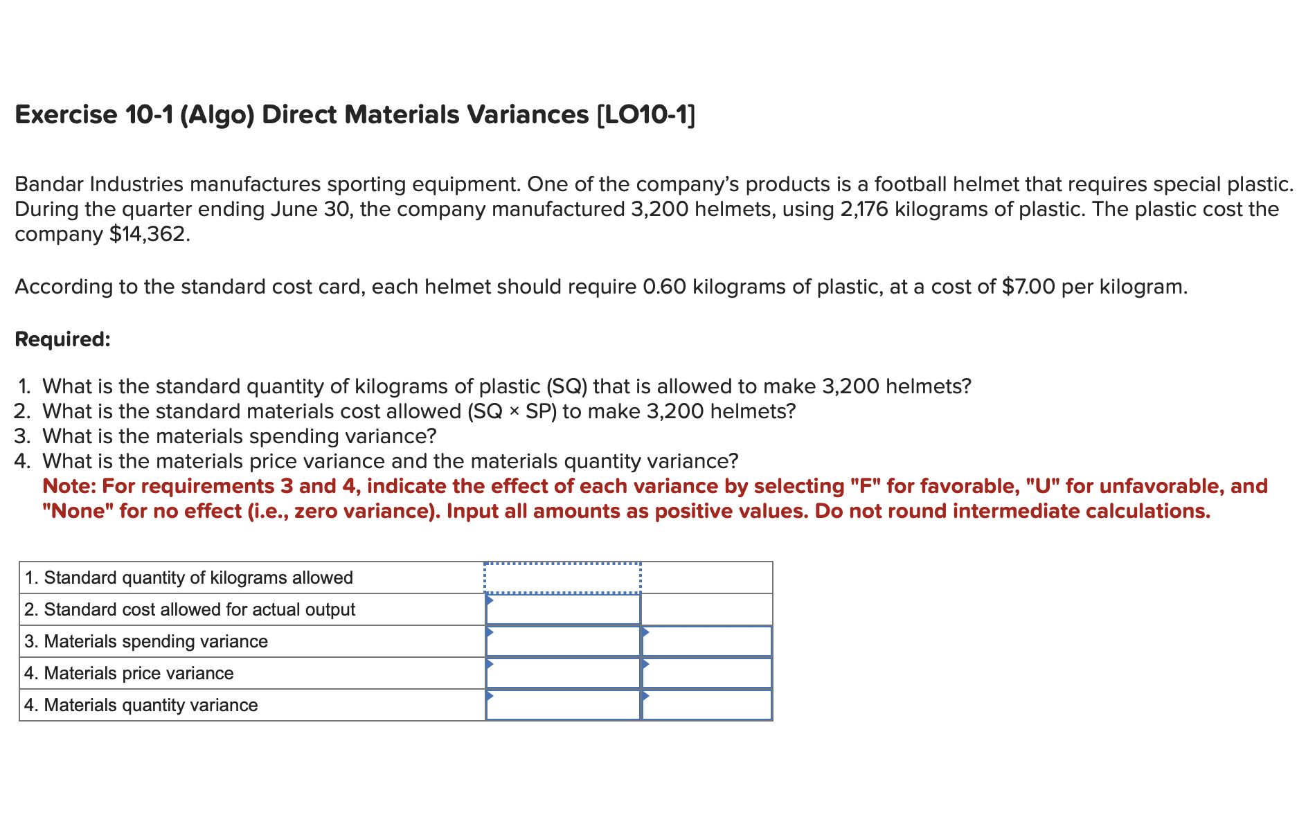  Exercise 10-1(Algo) Direct Materials Variances [LO10-1] Bandar Industries manufactures sporting equipment.