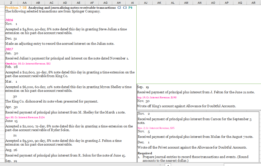 Problem 7-5B Analyzing and journalizing notes receivable transactions C2 C3 P4