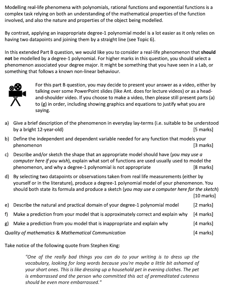 Modelling real-life phenomena with polynomials, rational functions and exponential functions is