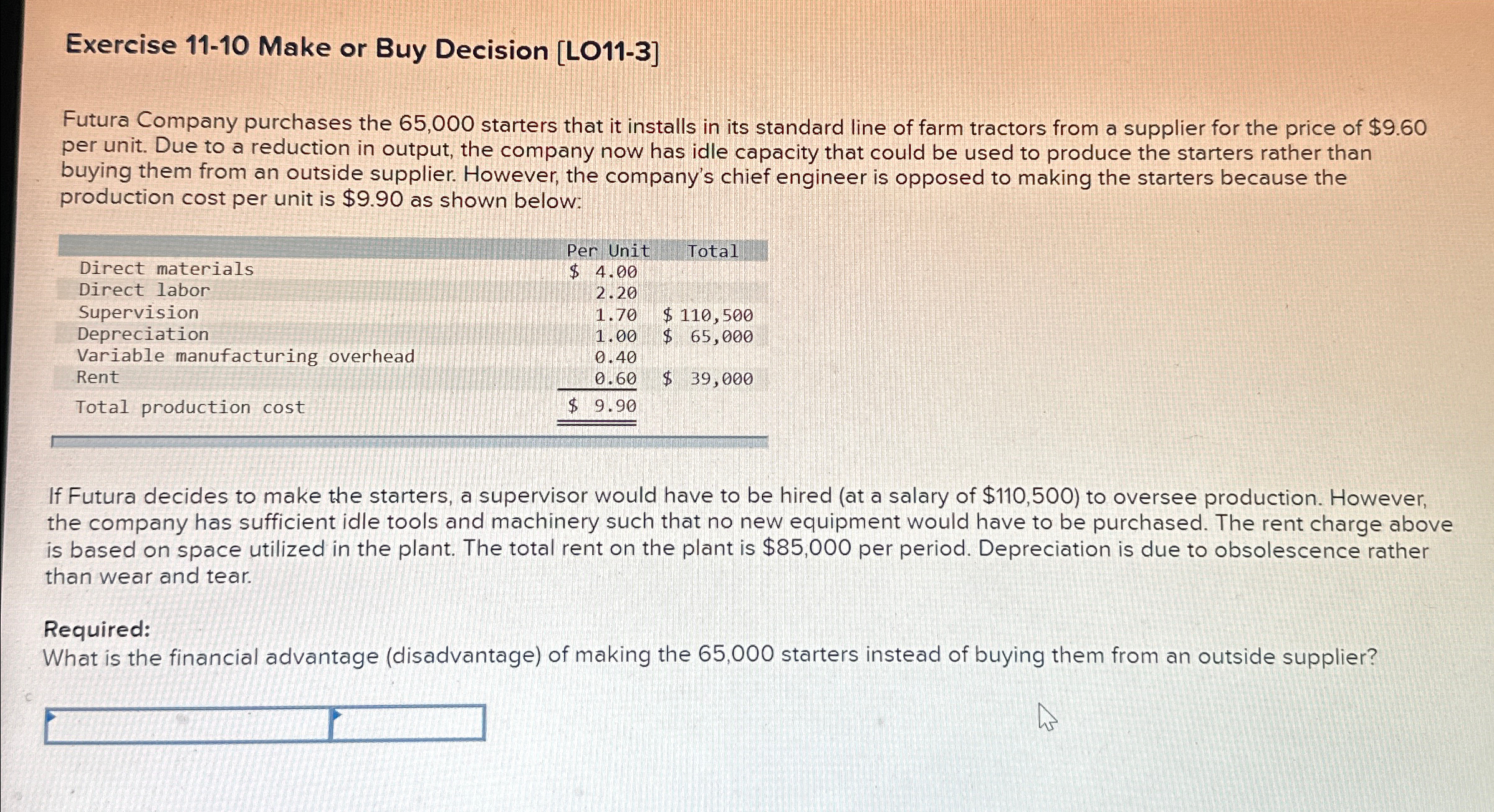  Exercise 11-10 Make or Buy Decision [LO11-3] Futura Company purchases the