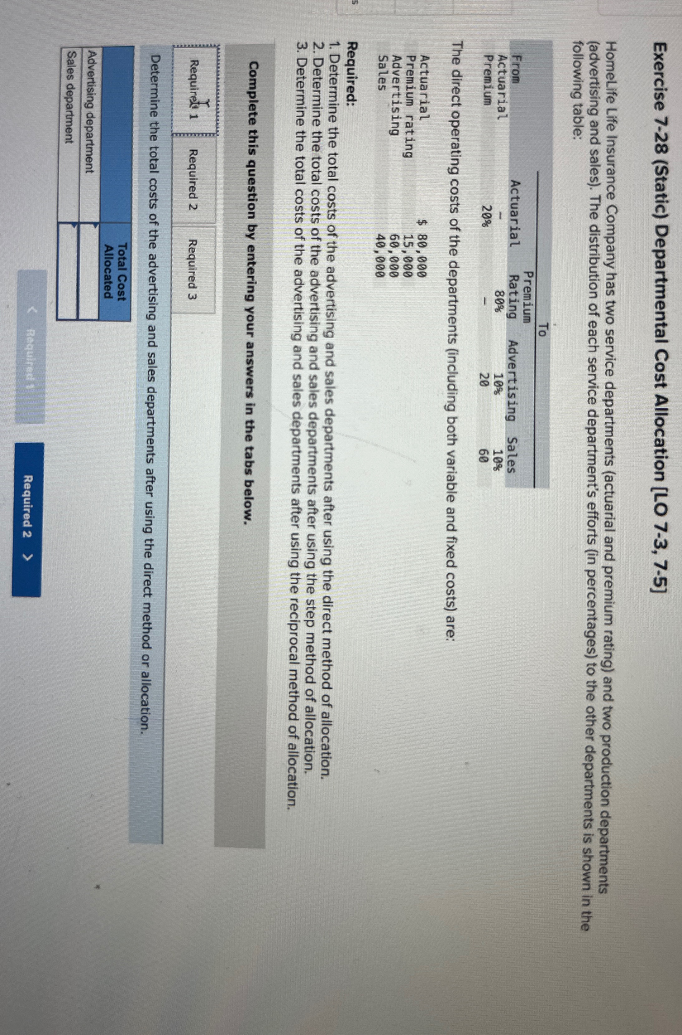 has two service departments (actuarial and premium rating) and two production departments