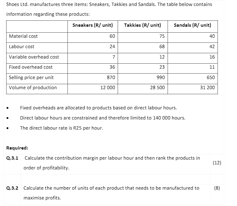 and Sandals. The table below contains information regarding these products: , Fixed