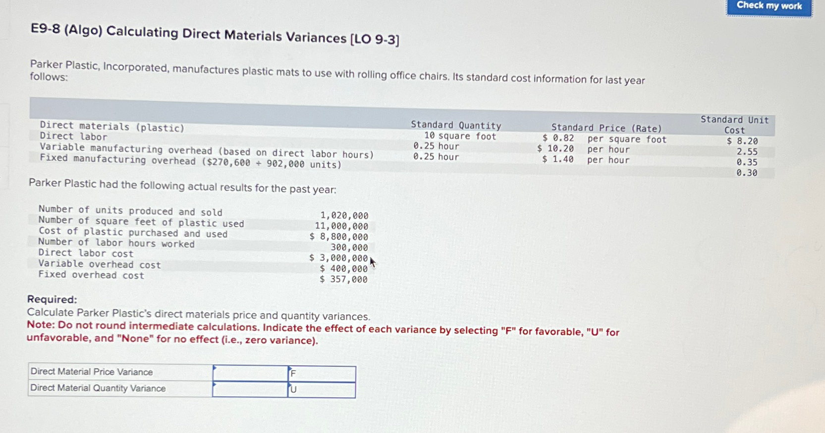  E9-8(Algo) Calculating Direct Materials Variances [L09-3] Parker Plastic, Incorporated, manufactures plastic