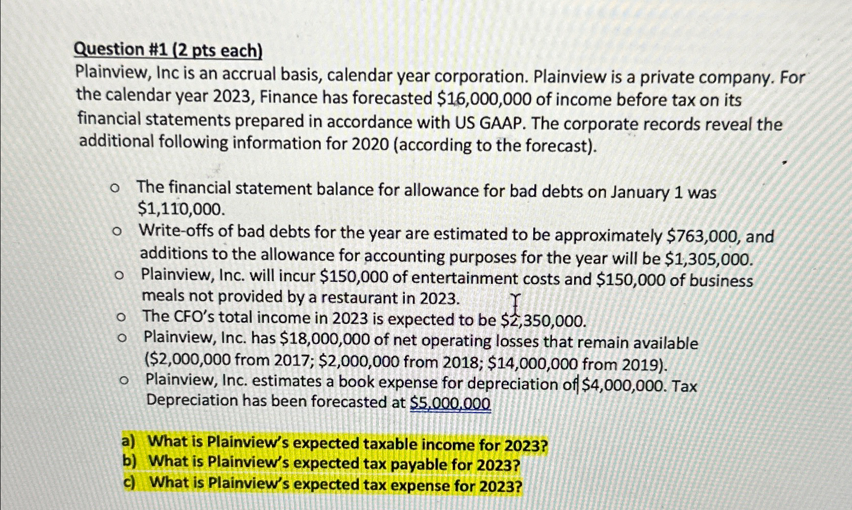 year corporation. Plainview is a private company. For the calendar year 2023,