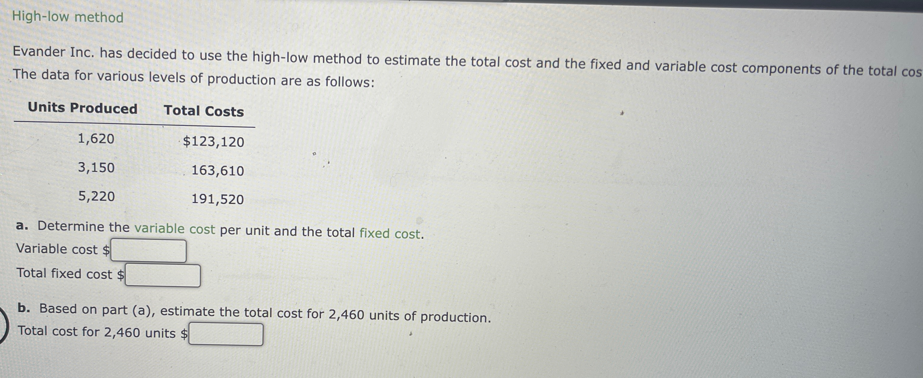 High-low method Evander Inc. has decided to use the high-low method
