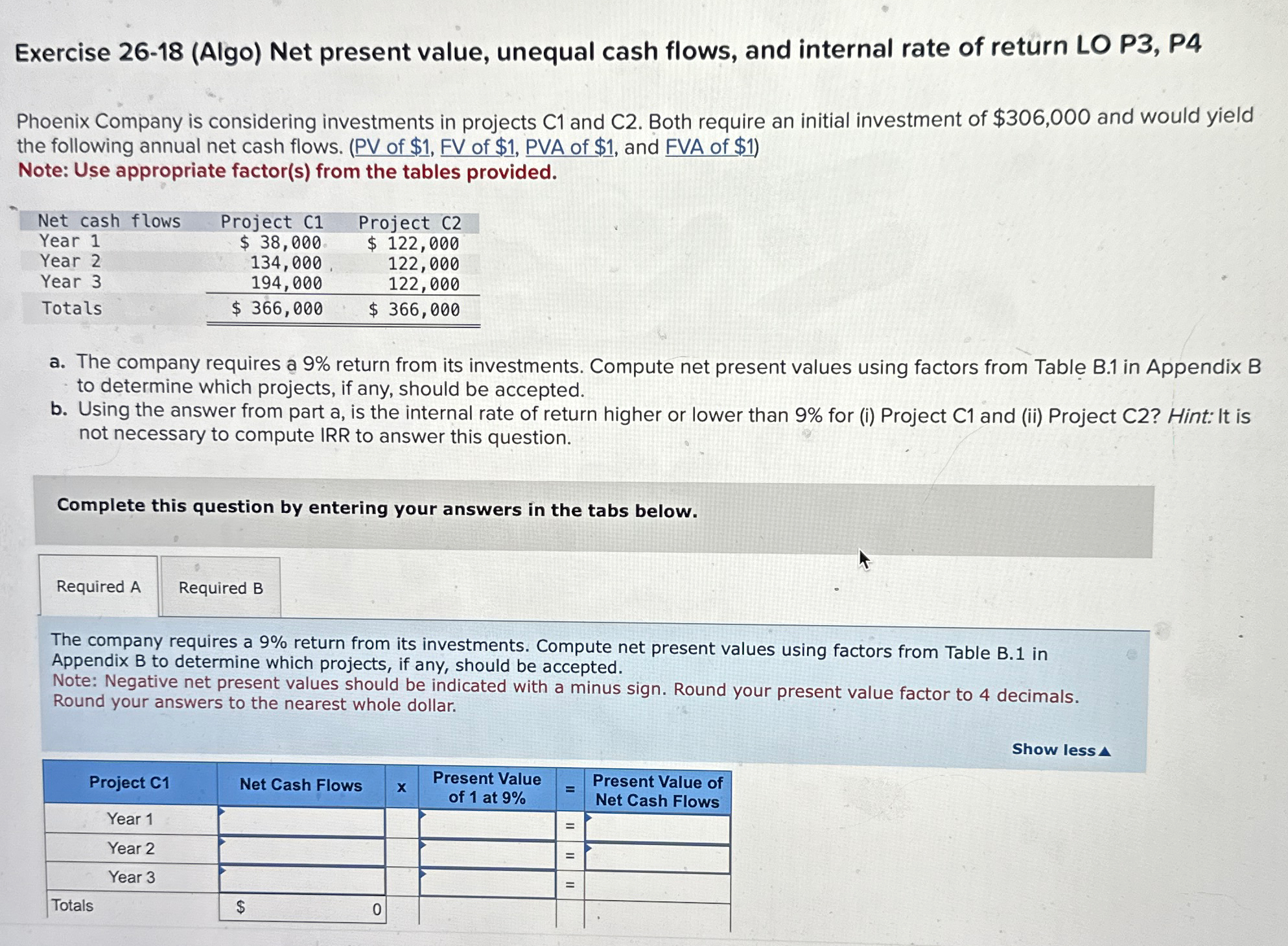  Exercise 26-18(Algo) Net present value, unequal cash flows, and internal rate
