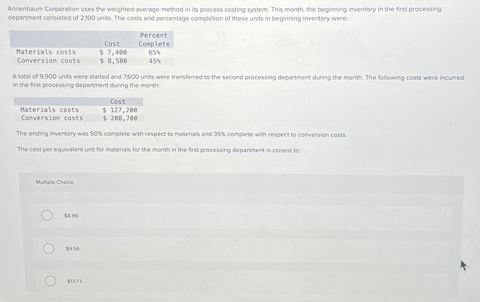 Annenbaum Corporation uses the weighted-average method in its process costing system.