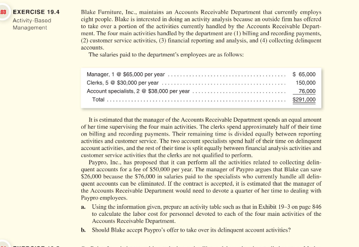 EXERCISE 19.4 Activity -Based Management Blake Furniture, mainlains an Receivable employs eight